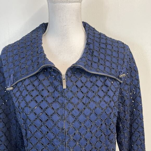 Coldwater Creek Navy Eyelet Blazer Women's 8 Petite Zip Front Nautical Style - Picture 3 of 9